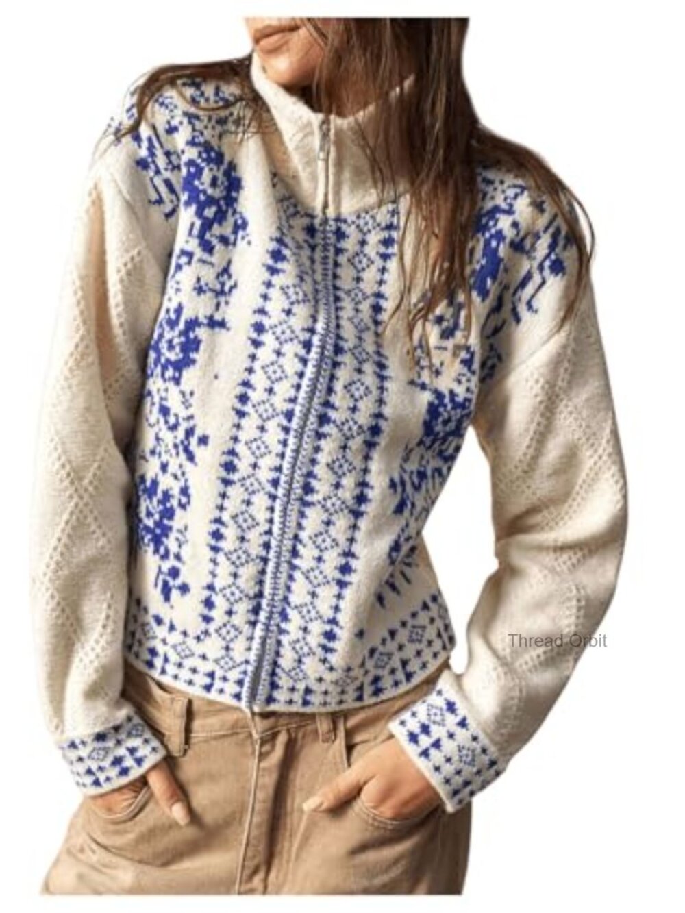 Women's Boho Floral Cardigan Zip Up Sweater Mock Neck Long Sleeve